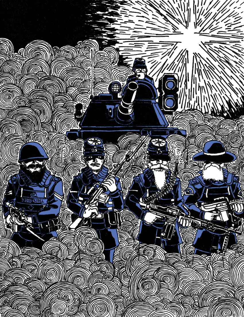 5boys, absurdres, assault_rifle, bandolier, bayonet, beard, bipod, facial_hair, flare, full_beard, gun, hat, highres, ink, machine_gun, military_hat, military_uniform, military_vehicle, motor_vehicle, multiple_boys, mustache, night, partially_colored, rifle, rifleinfantry, searchlight, smoke, tank, thick_beard, uniform, weapon