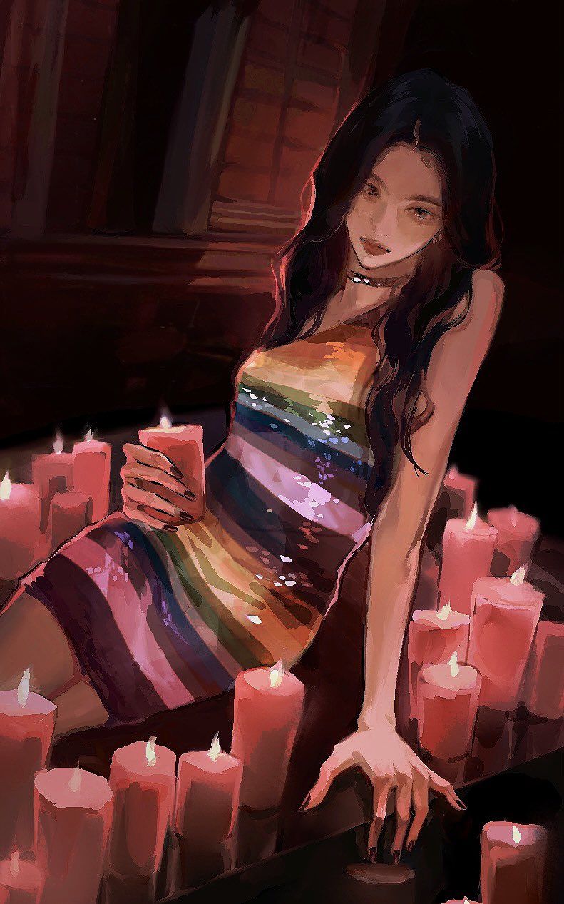 1girl, black_hair, black_nails, candle, candlelight, choker, commentary, dorcas1004