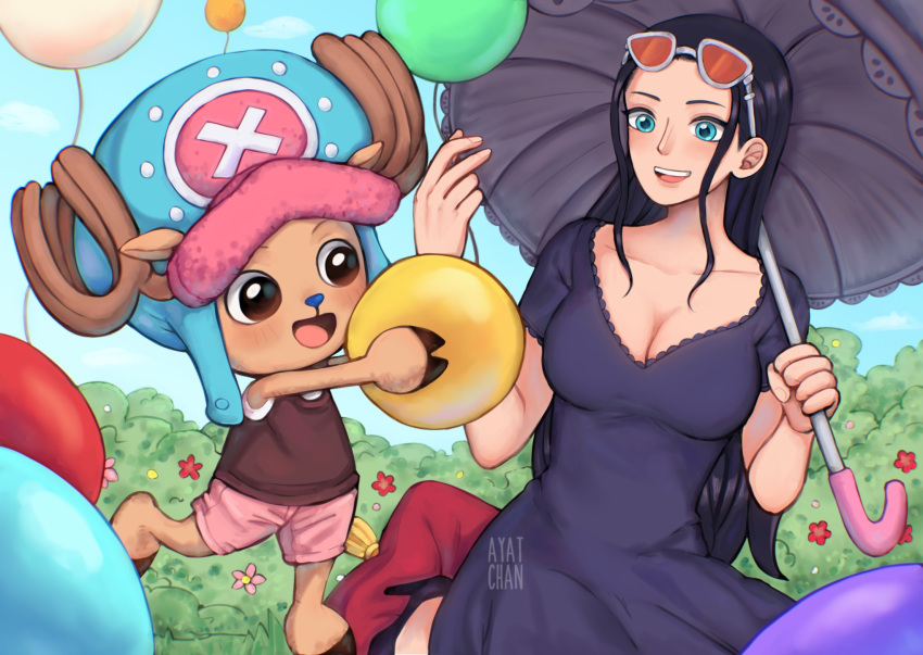 1boy, 1girl, antlers, ayat_chan, ball, balloon, black_hair, blue_eyes, blue_nose, cross, dress, english_commentary, eyewear_on_head, hair_slicked_back, hat, highres, holding, holding_umbrella, hood, horns, long_hair, looking_at_another, nico_robin, one_piece, pink_shorts, reindeer_antlers, shorts, sidelocks, sky, sleeveless, tony_tony_chopper, umbrella, watermark