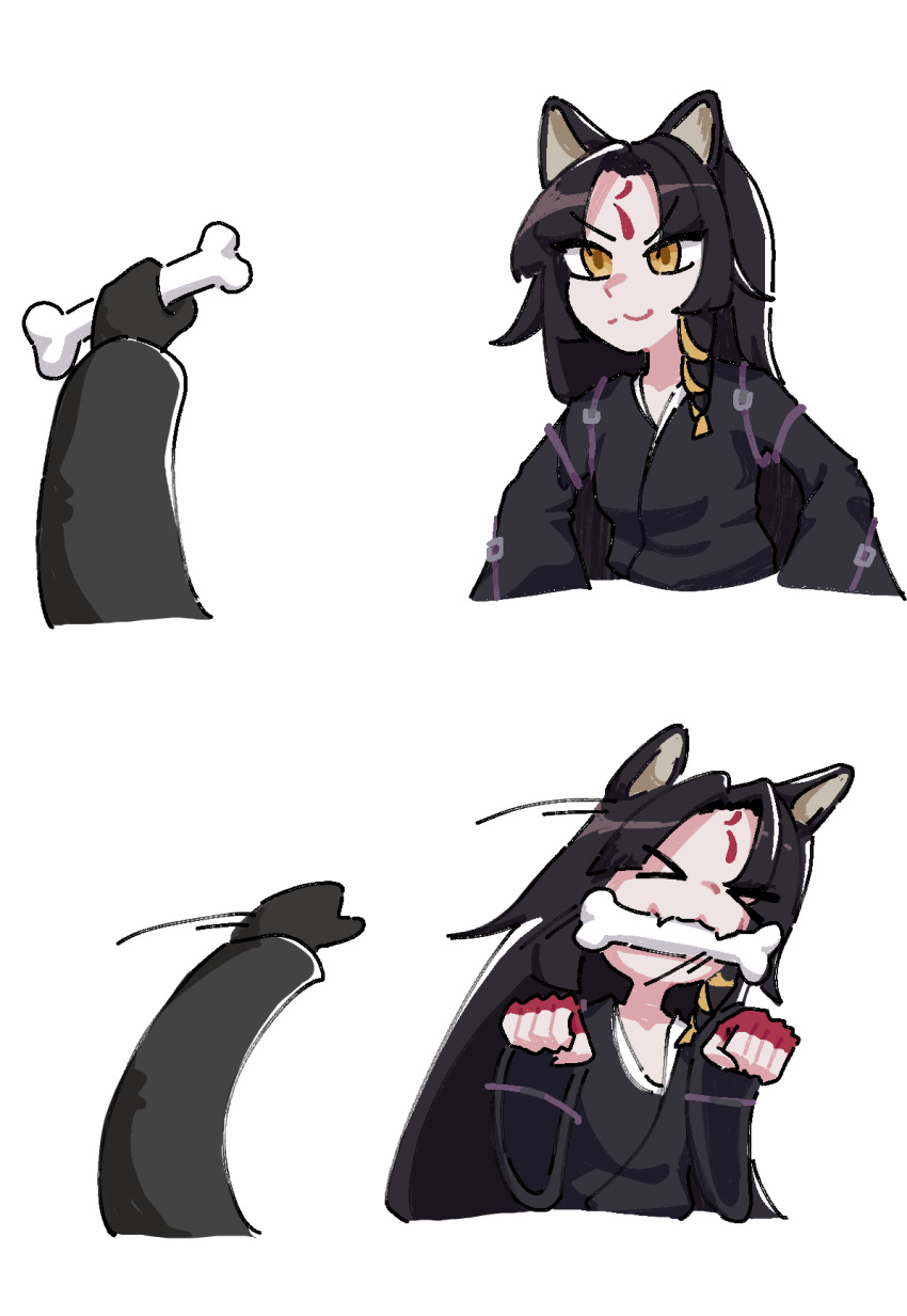 >_<, 1girl, 1other, :3, animal_ears, arknights, black_hair, black_kimono, bone, closed_eyes, closed_mouth, commentary, doctor_(arknights), facial_mark, fangs, fingerless_gloves, forehead_mark, gloves, hands_up, highres, holding, holding_bone, japanese_clothes, kimono, korean_commentary, long_hair, long_sleeves, meme, motion_lines, mouth_hold, parted_bangs, paw_pose, red_gloves, saga_(arknights), simple_background, skin_fangs, split_mouth, throwing, white_background, wide_sleeves, yellow_eyes, zouse871