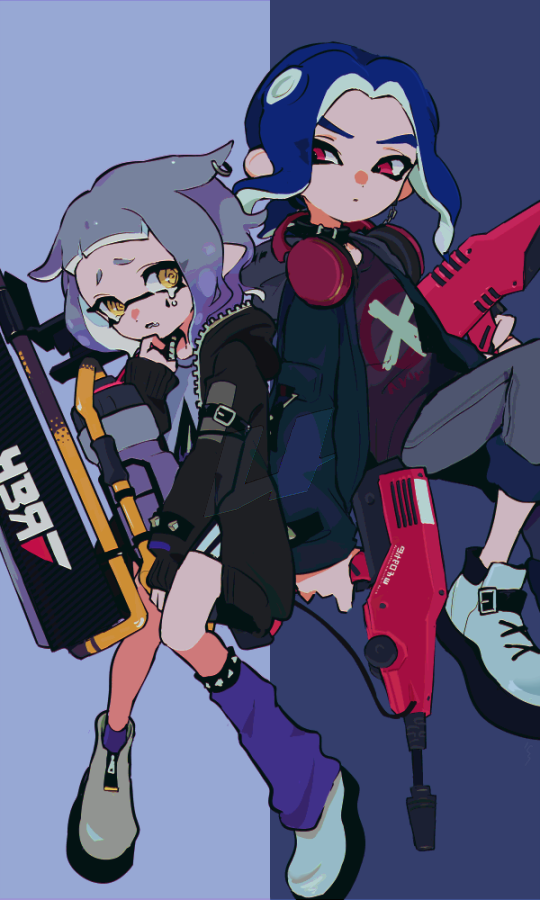 1boy, 1girl, asymmetrical_legwear, black_jacket, blue_hair, carbon_roller_(splatoon), commentary, dark_blue_hair