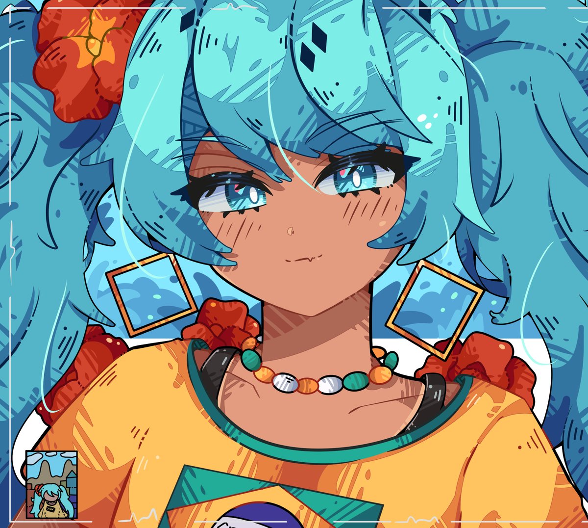 1girl, alternate_skin_color, aqua_eyes, aqua_hair, bead_necklace, beads, bikini, bikini_under_clothes