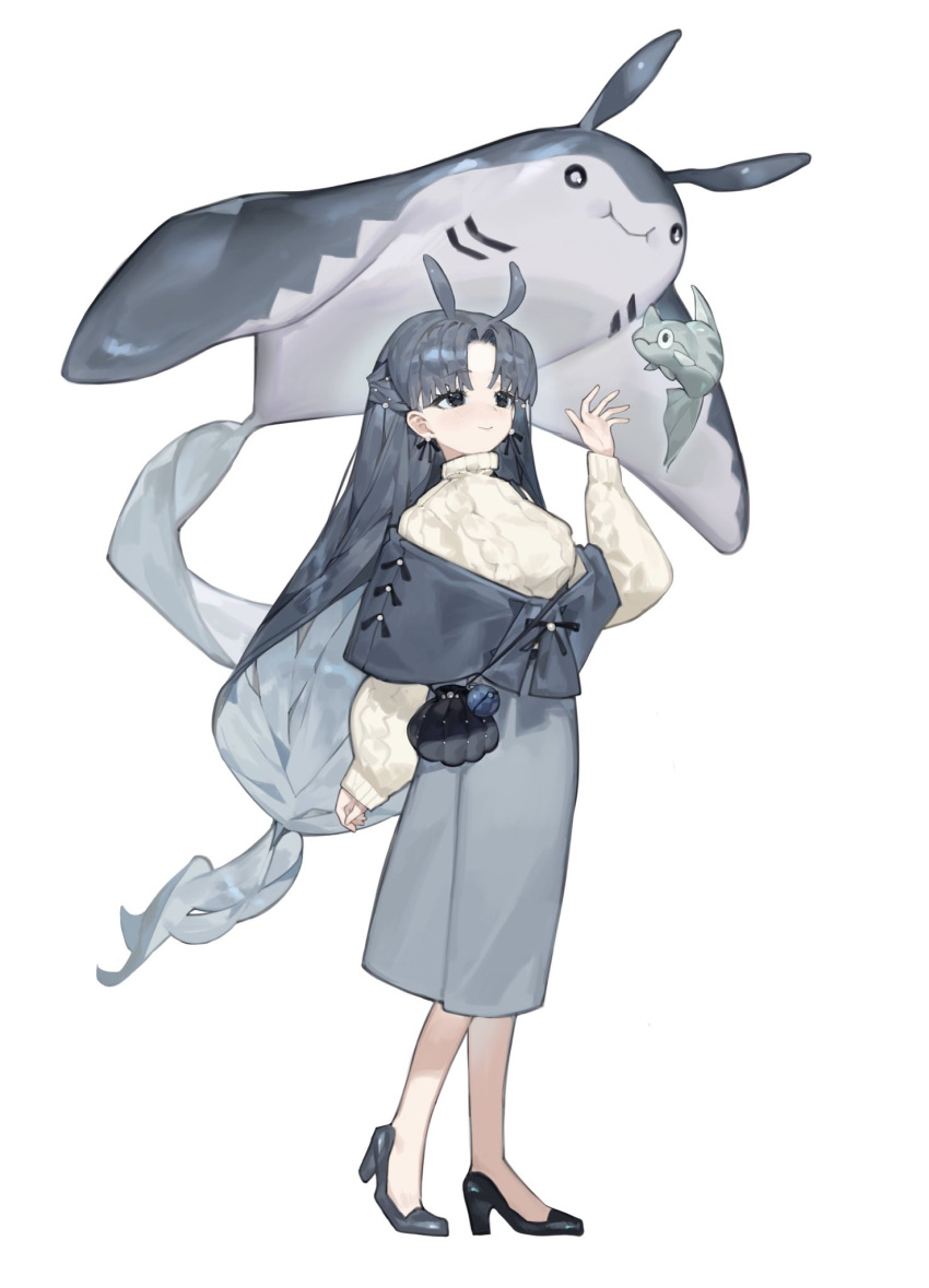 1girl, aran_sweater, baggy_clothes, black_eyes, black_footwear, blue_hair, blue_jacket, blue_skirt, cable_knit, closed_mouth, commentary, creature_and_personification, earrings, english_commentary, fish, hair_ears, hair_intakes, heel_up, high_heels, highres, jacket, jewelry, long_skirt, long_sleeves, manta_ray, manta_ray_girl, mantine, nicoillu, off-shoulder_jacket, off_shoulder, parted_hair, personification, pokemon, pokemon_(creature), pumps, remoraid, simple_background, skirt, solo, sweater, turtleneck, turtleneck_sweater, waving, white_background, white_sweater
