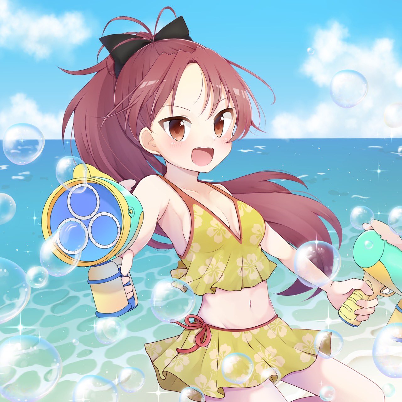 beach, bikini, bikini_skirt, black_ribbon, bubble_gun, happy_candy_ooo, highres, long_hair