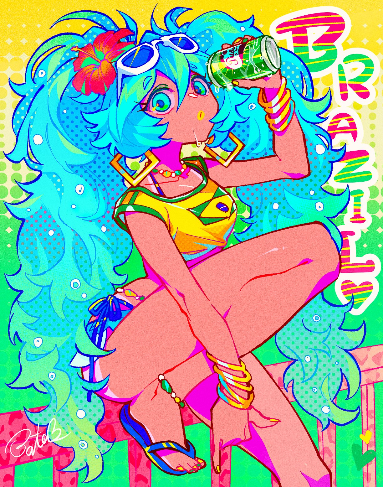 1girl, against_railing, alternate_skin_color, anklet, aqua_eyes, aqua_hair, bead_necklace, beads