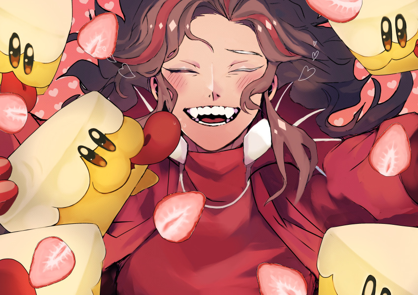 1boy, absurdres, animal, bbbujida, blue_eyes, blush, cake_hound, closed_eyes, colored_skin, commentary_request, cookie_run, cookie_run:_kingdom, cream_cake_hound, dog, food, food-themed_creature, fruit, highres, long_hair, male_focus, multicolored_hair, open_mouth, red_skin, red_velvet_cookie, redhead, sharp_teeth, strawberry, streaked_hair, teeth