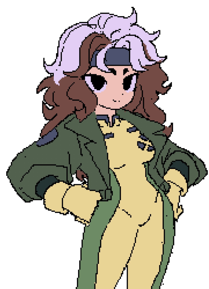 1girl, bodysuit, bomber_jacket, brandon_(badger_g), breasts, brown_hair, gloves, green_bodysuit