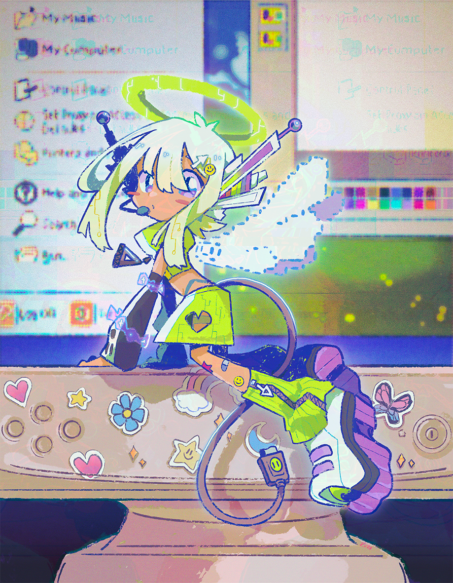 1girl, antenna_hair, black_sleeves, blush_stickers, cable, cable_tail, circuit_board_print, climbing