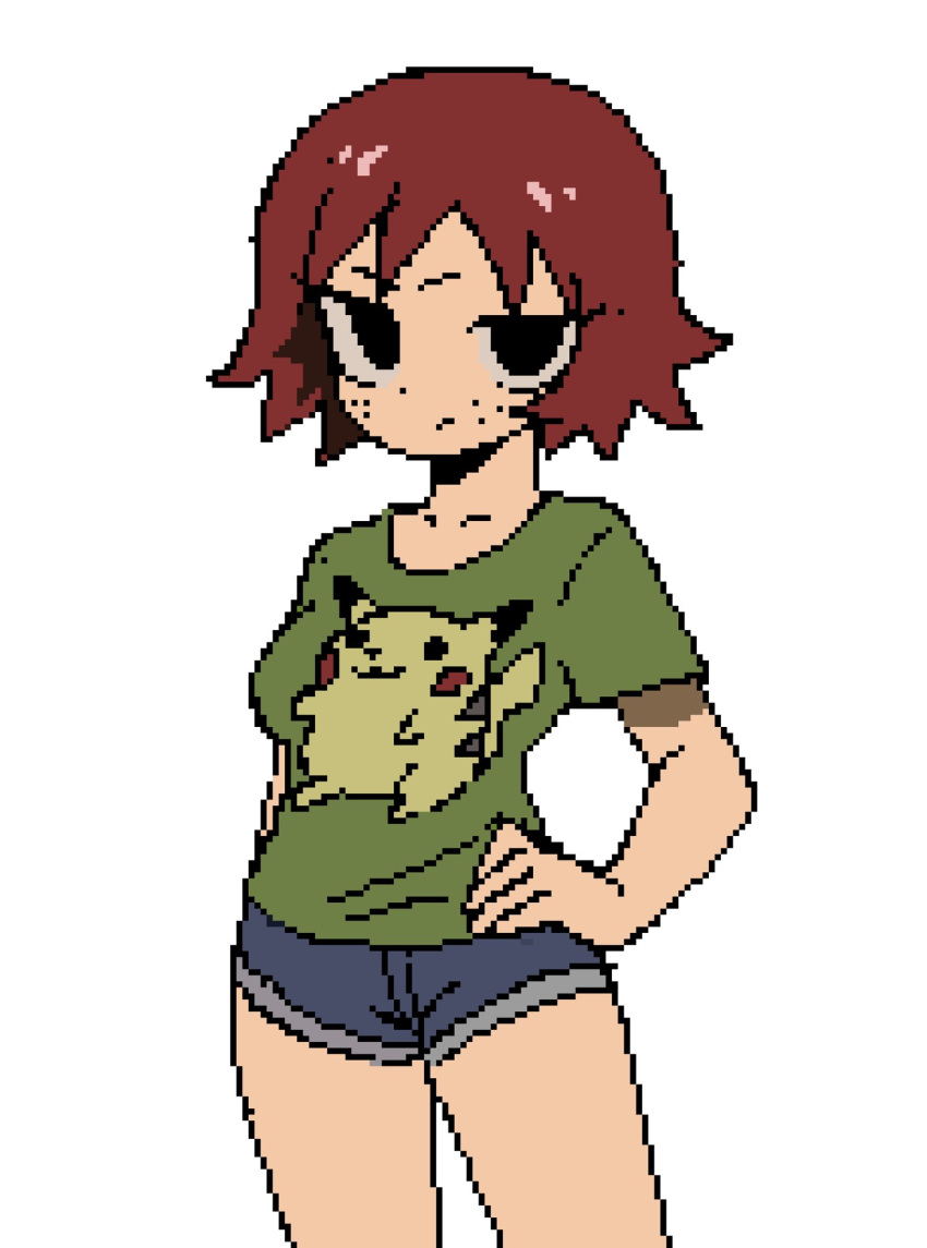 1girl, annoyed, black_eyes, brandon_(badger_g), breasts, brown_hair, freckles, green_shirt, hand_on_own_shoulder, highres, kim_pine, looking_at_viewer, pikachu, pixel_art, pokemon, scott_pilgrim_(series), shirt, short_hair, simple_background, solo, white_background