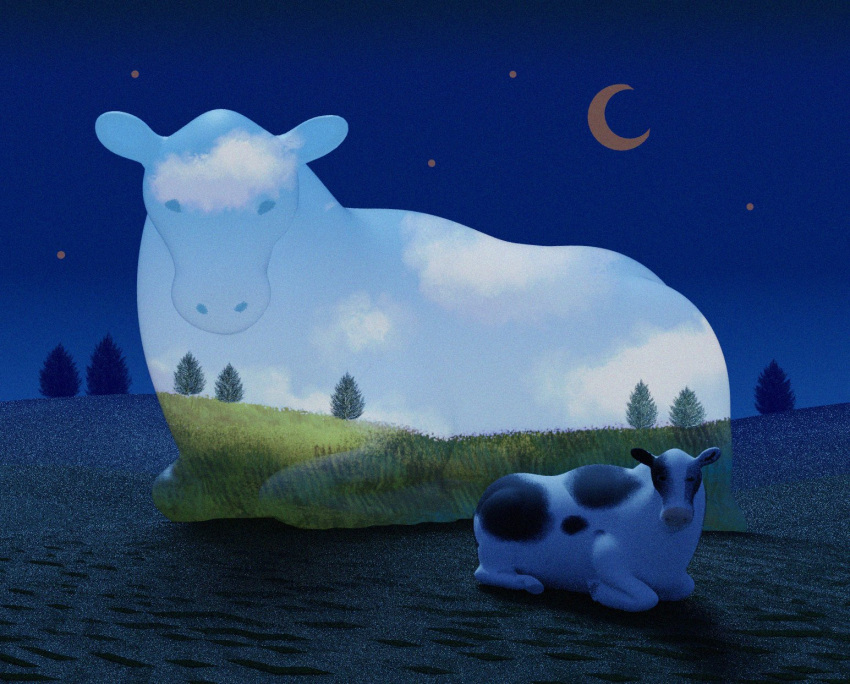 animal, animal_focus, calf_(animal), closed_eyes, commentary, cow, crescent_moon, double_exposure
