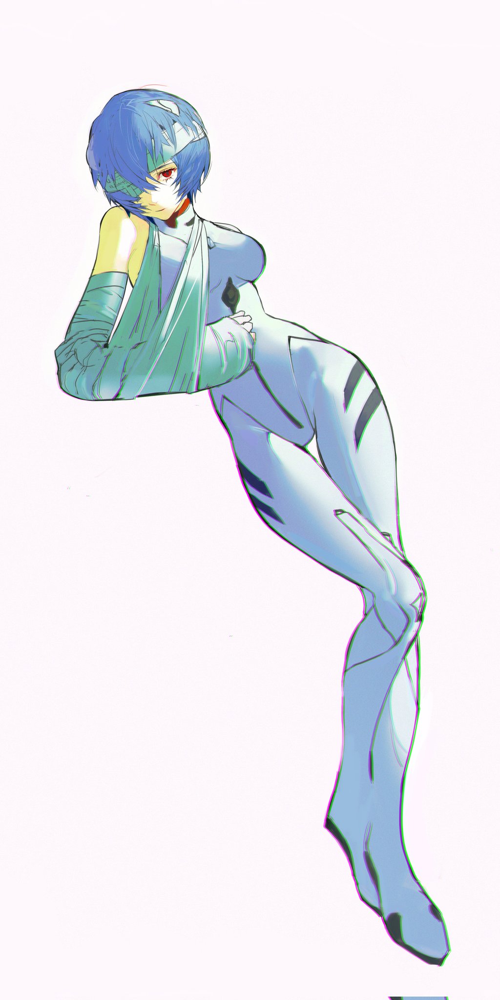 1girl, arm_sling, ayanami_rei, bandaged_head, bandages, blue_hair, bodysuit, cast