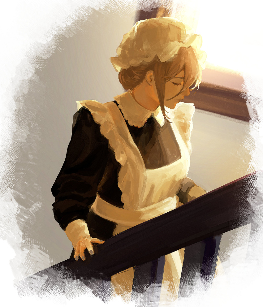 1girl, absurdres, alternate_costume, aponia_(honkai_impact), apron, black_dress, brown_hair, closed_eyes