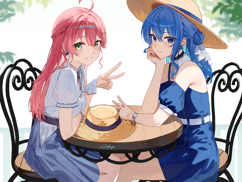 2girls, ahoge, alternate_costume, armpit_crease, artist_name, bare_shoulders, blue_dress, blue_eyes