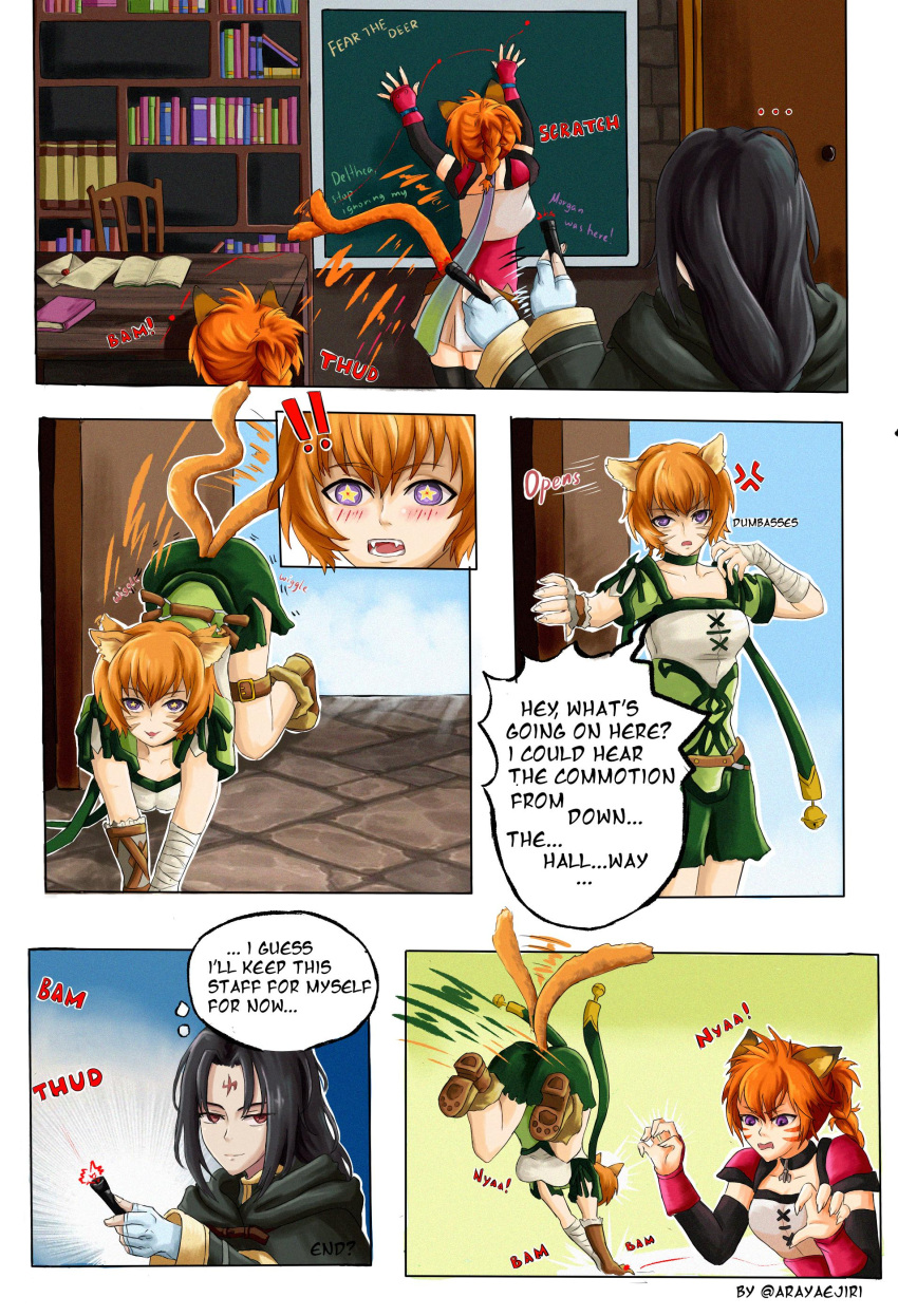 1boy, 2girls, black_hair, cat, cat_ears, cat_girl, cat_tail, comic
