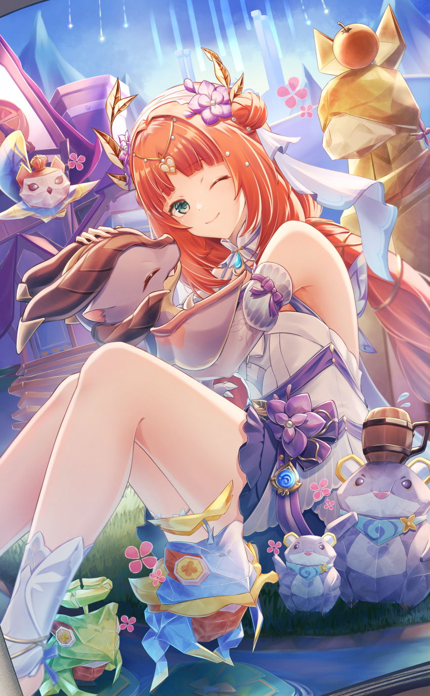 1girl, ;), absurdres, bare_shoulders, bow, bulle_fruit_(genshin_impact), closed_mouth, detached_sleeves