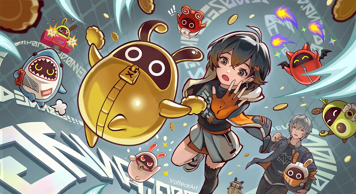 1boy, 1girl, amillion_(zenless_zone_zero), artist_name, avocaboo_(zenless_zone_zero), belle_(zenless_zone_zero), black_hair, black_jacket