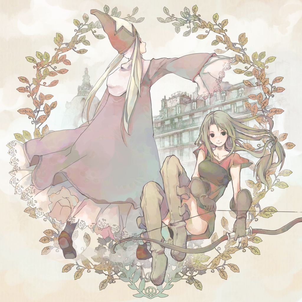 bad_id, blonde_hair, boots, bow_(weapon), final_fantasy, final_fantasy_tactics, gloves, hat, long_hair, murakami_mame, robe, shoes, skirt, time_mage, time_mage_(fft), weapon