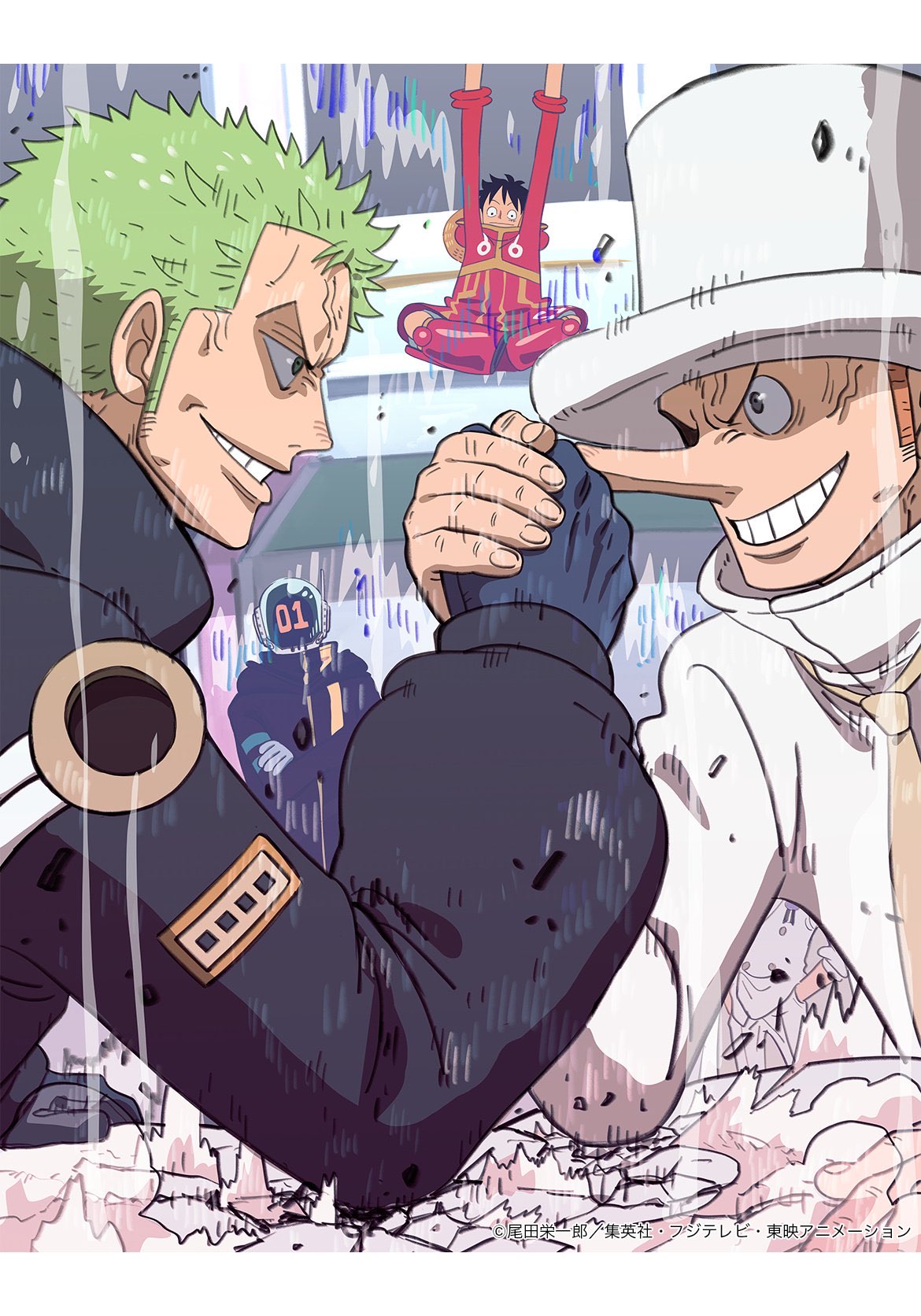 4boys, arm_support, arm_wrestling, arms_up, black_coat, black_gloves, black_hair, broken_table