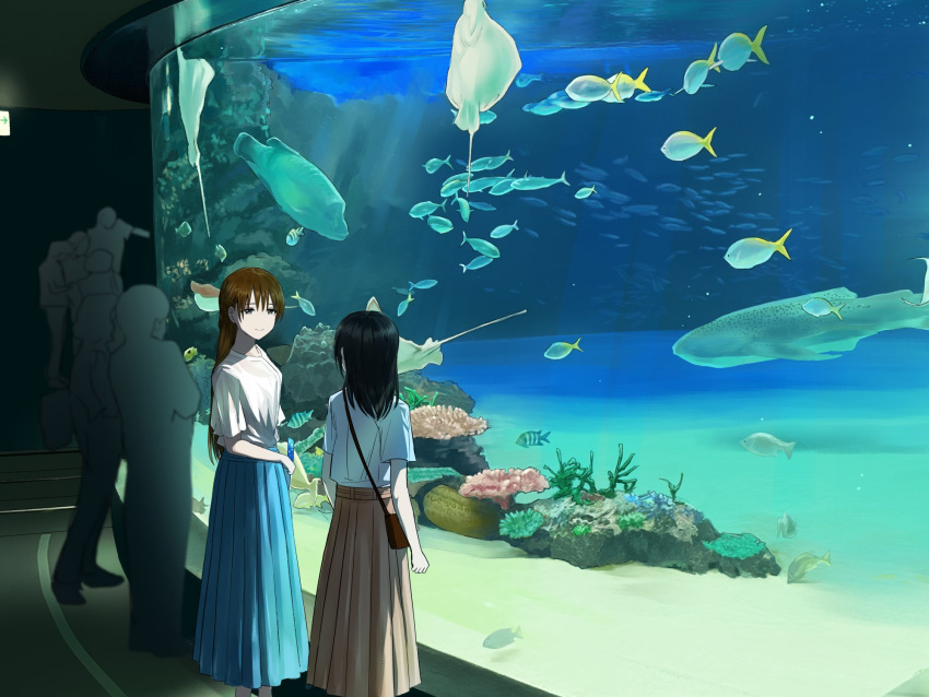2girls, 6+others, aquarium, bag, black_hair, blue_skirt, brown_hair, brown_skirt, closed_mouth, commentary_request, fish, handbag, highres, indoors, long_hair, looking_at_another, lr6fko4upypf9hv, miyagi_shiori, multiple_girls, multiple_others, sendai_hazuki, shirt, short_sleeves, shuuniichido_classmate_wo_kau_hanashi, skirt, smile, white_shirt