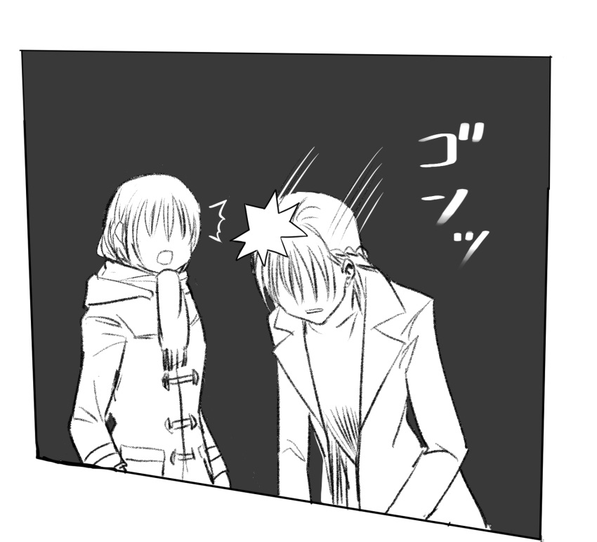 2girls, coat, commentary_request, greyscale, half_up_braid, highres, long_hair, looking_at_another