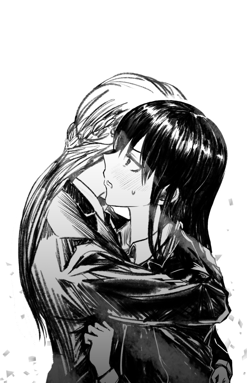 2girls, absurdres, blush, collared_shirt, commentary_request, from_side, greyscale, half_up_braid
