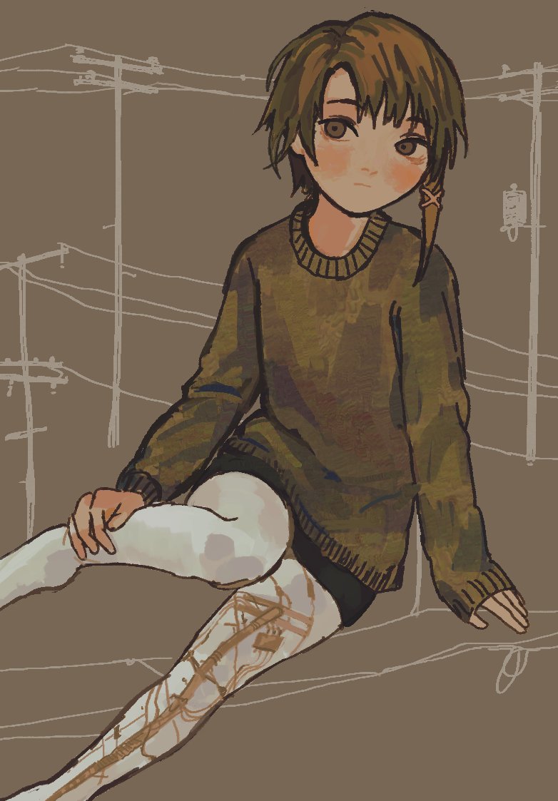 1girl, black_skirt, blush, brown_background, brown_eyes, brown_hair, brown_sweater, closed_mouth
