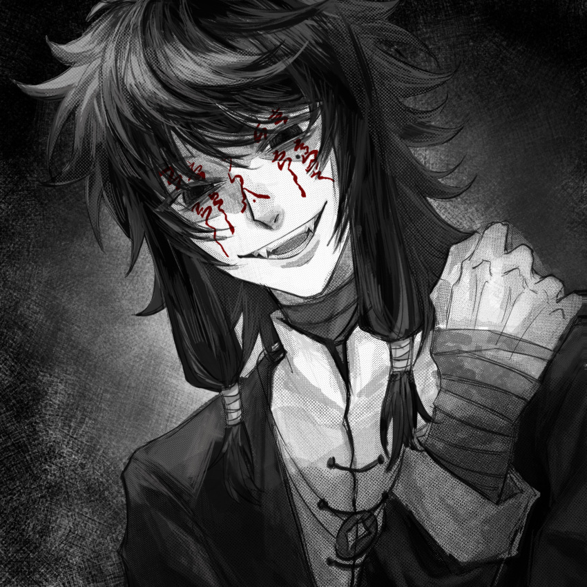 1boy, chinese_commentary, coin, coin_on_string, commentary_request, facial_tattoo, fangs, greyscale