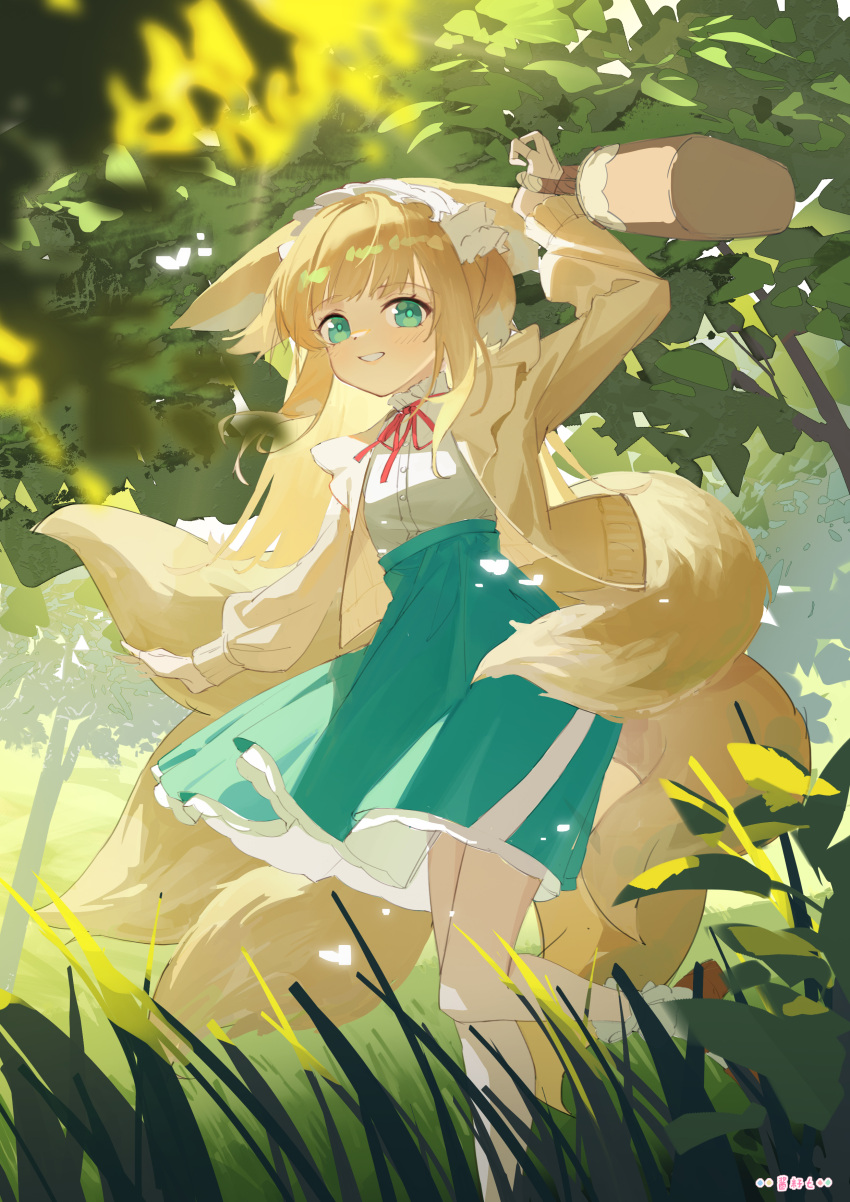 1girl, :d, absurdres, animal_ears, arknights, arm_up, blonde_hair, bush