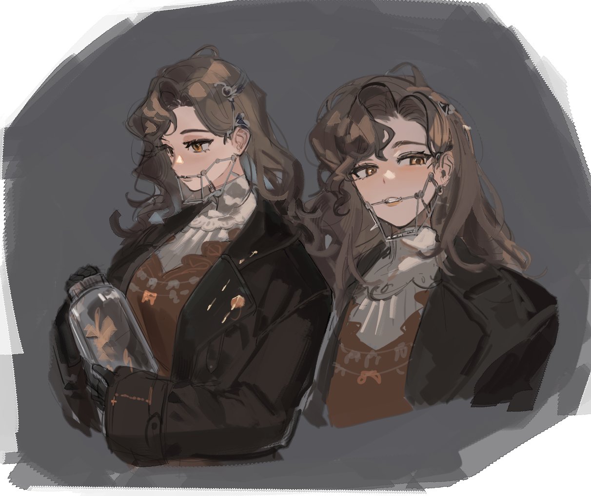 1girl, black_coat, black_gloves, braces, brown_eyes, brown_hair, coat, cropped_torso