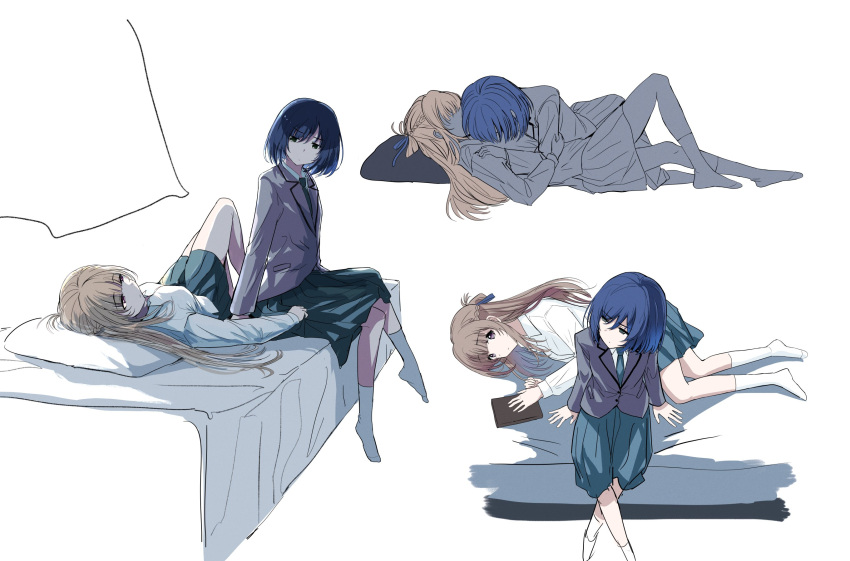 2girls, blue_hair, book, brown_eyes, brown_hair, closed_mouth, collared_shirt, commentary_request