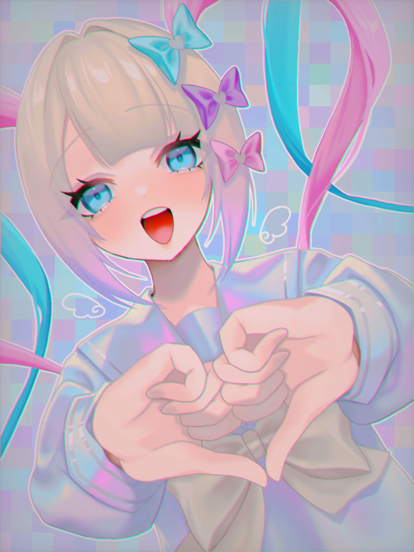 1girl, :d, absurdres, blonde_hair, blue_bow, blue_eyes, blue_hair, bow, chouzetsusaikawa_tenshi-chan, commentary_request, hair_bow, hands_up, heart, heart_hands, highres, long_hair, long_sleeves, looking_at_viewer, momoman_(mochinko84), multicolored_hair, multiple_hair_bows, needy_girl_overdose, open_mouth, own_hands_together, pink_bow, pink_hair, purple_bow, quad_tails, sailor_collar, smile, solo, thumbs_down_heart_hands, upper_body, yellow_bow