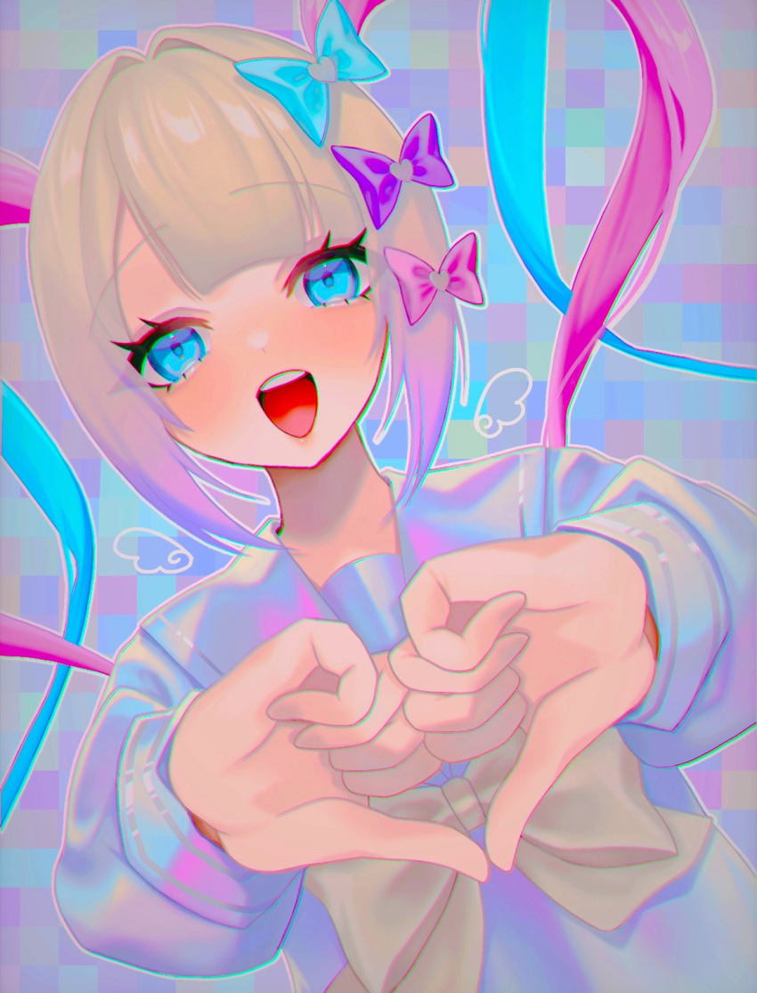 1girl, :d, blonde_hair, blue_bow, blue_eyes, blue_hair, bow, chouzetsusaikawa_tenshi-chan, commentary_request, hair_bow, hands_up, heart, heart_hands, highres, long_hair, long_sleeves, looking_at_viewer, momoman_(mochinko84), multicolored_hair, multiple_hair_bows, needy_girl_overdose, open_mouth, own_hands_together, pink_bow, pink_hair, purple_bow, quad_tails, sailor_collar, smile, solo, thumbs_down_heart_hands, upper_body, yellow_bow