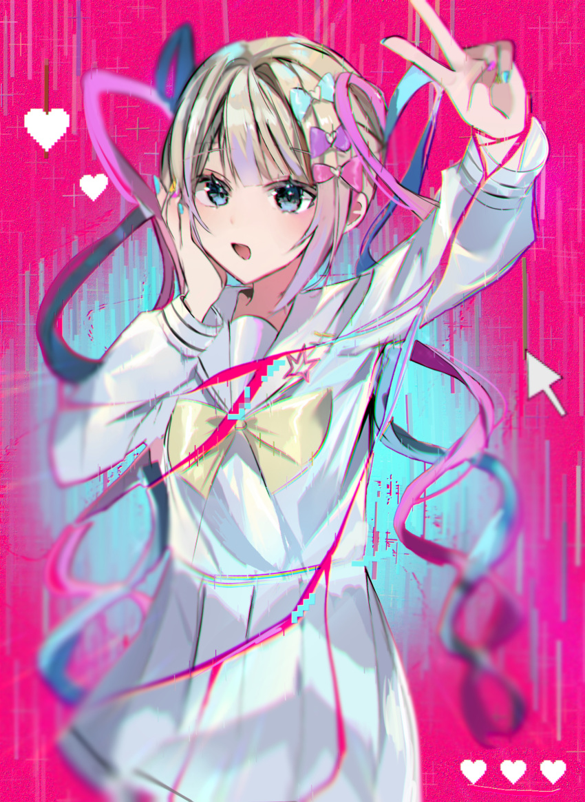 1girl, :d, absurdres, arm_up, blonde_hair, blue_bow, blue_eyes, blue_hair