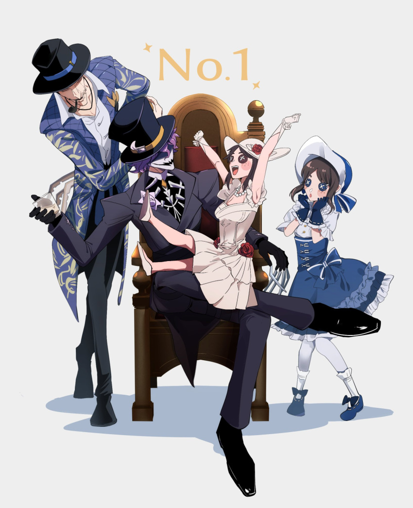 2boys, 2girls, :d, :o, arm_behind_back, armchair, arms_up, bead_necklace