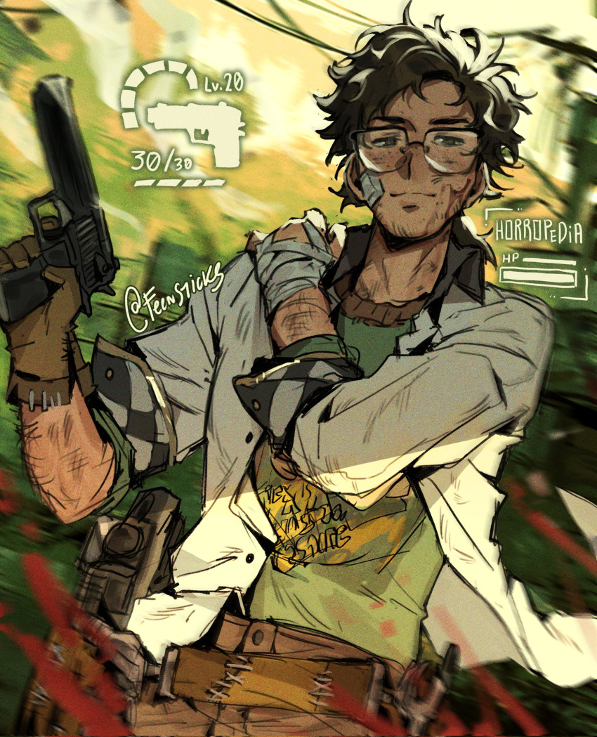 1boy, bandaged_hand, bandages, black_hair, blurry, blurry_background, brown_eyes, brown_gloves