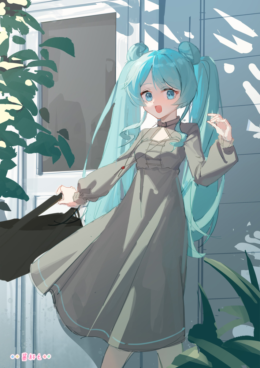 1girl, :d, absurdres, aqua_hair, blue_eyes, cleavage_cutout, clothing_cutout, door