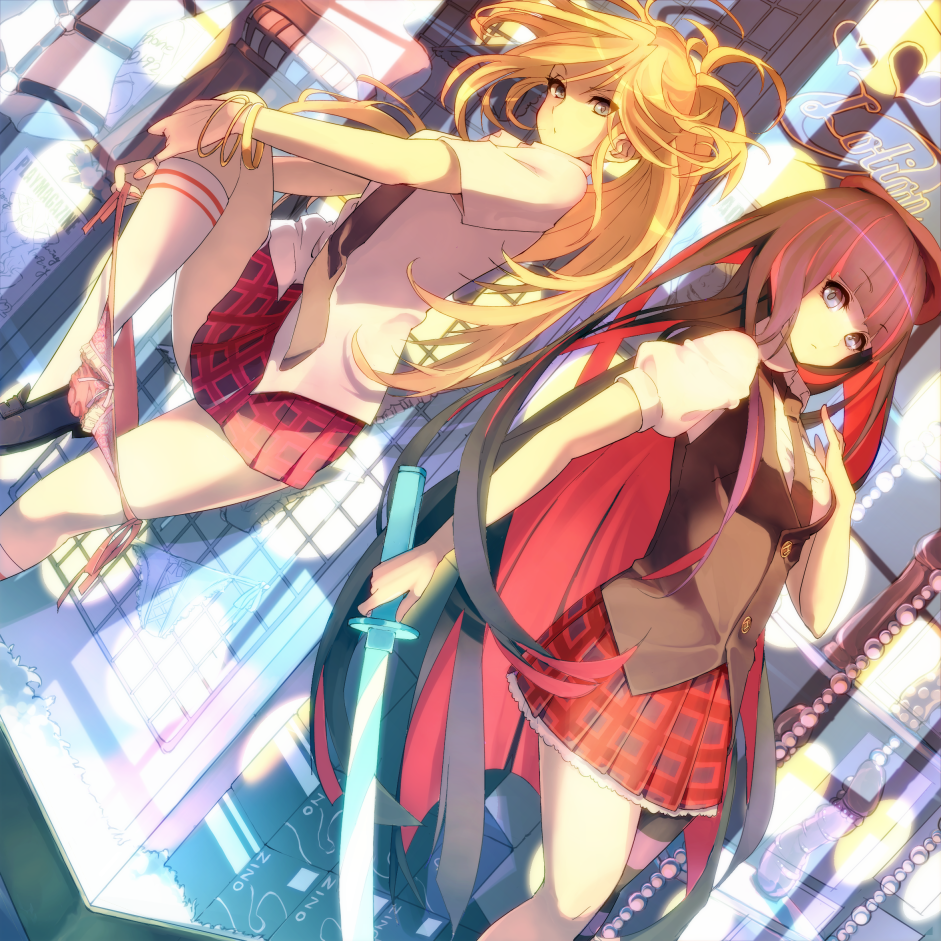 bunkyo_takemi, multiple_girls, panties, panty_&amp;_stocking_with_garterbelt, panty_(character), panty_(psg), school_uniform, stocking_(character)
