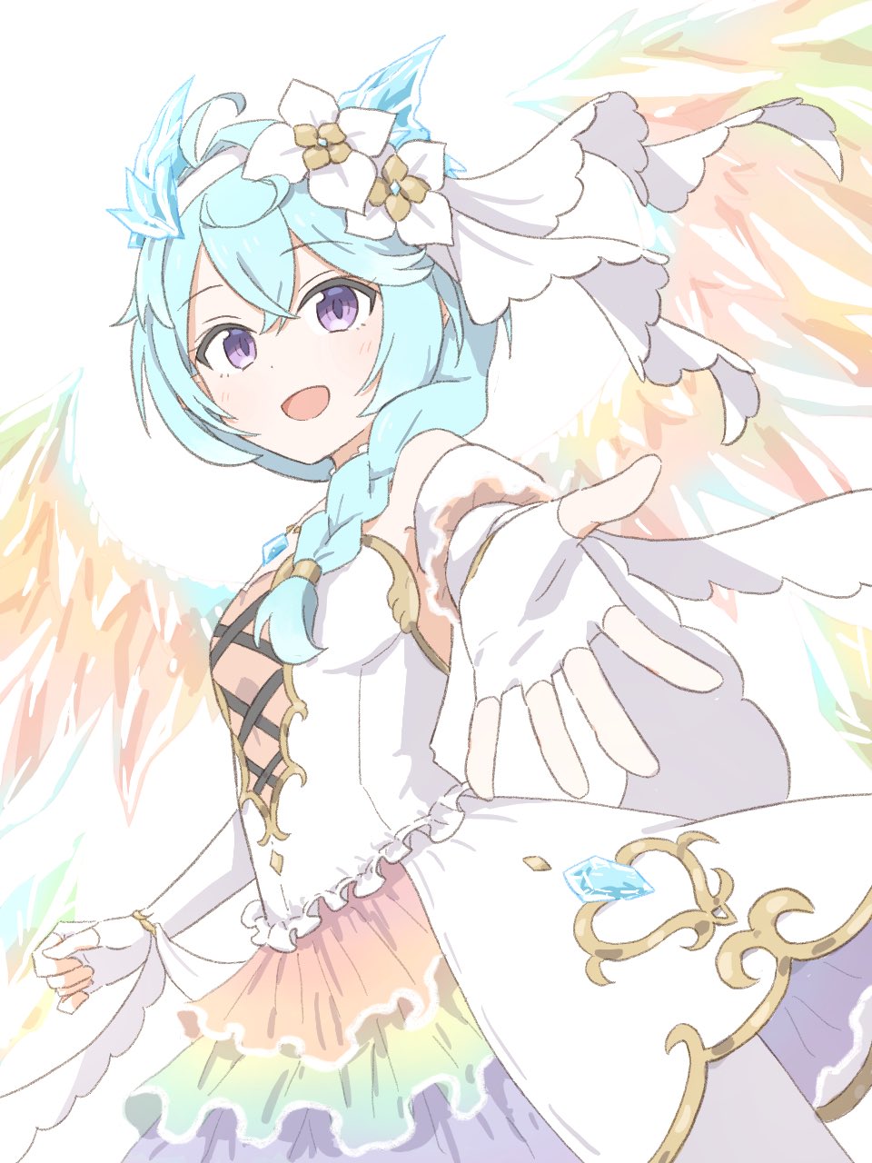 1girl, blue_hair, blue_horns, braid, breasts, cowboy_shot, cross-laced_clothes, cross-laced_dress, crystal_wings, dragon_horns, dress, elbow_gloves, fingerless_gloves, flower, frilled_dress, frills, fujiyama_(yellow), gloves, hair_flower, hair_ornament, hair_over_shoulder, hairband, highres, horns, light_blue_hair, long_hair, official_alternate_costume, princess_connect!, sheffy_(princess)_(princess_connect!), sheffy_(princess_connect!), simple_background, single_braid, sleeveless, sleeveless_dress, small_breasts, solo, violet_eyes, white_background, white_dress, white_flower, white_gloves, white_hairband