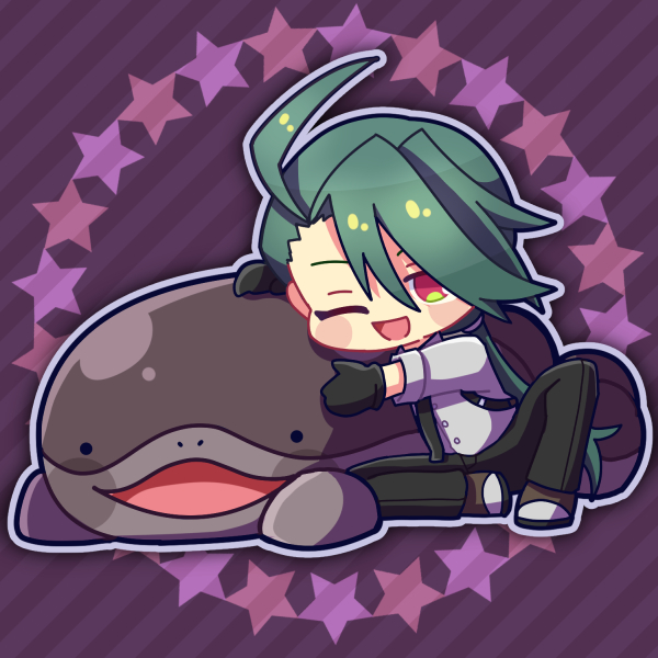 1girl, ;d, black_gloves, black_necktie, black_pants, chibi, chibi_only, clodsire, gloves, green_hair, hair_between_eyes, long_hair, long_sleeves, looking_at_viewer, necktie, one_eye_closed, open_mouth, otowaika, pants, pokemon, pokemon_sv, ponytail, purple_background, red_eyes, rika_(pokemon), shirt, smile, star_(symbol), striped_background, suspenders