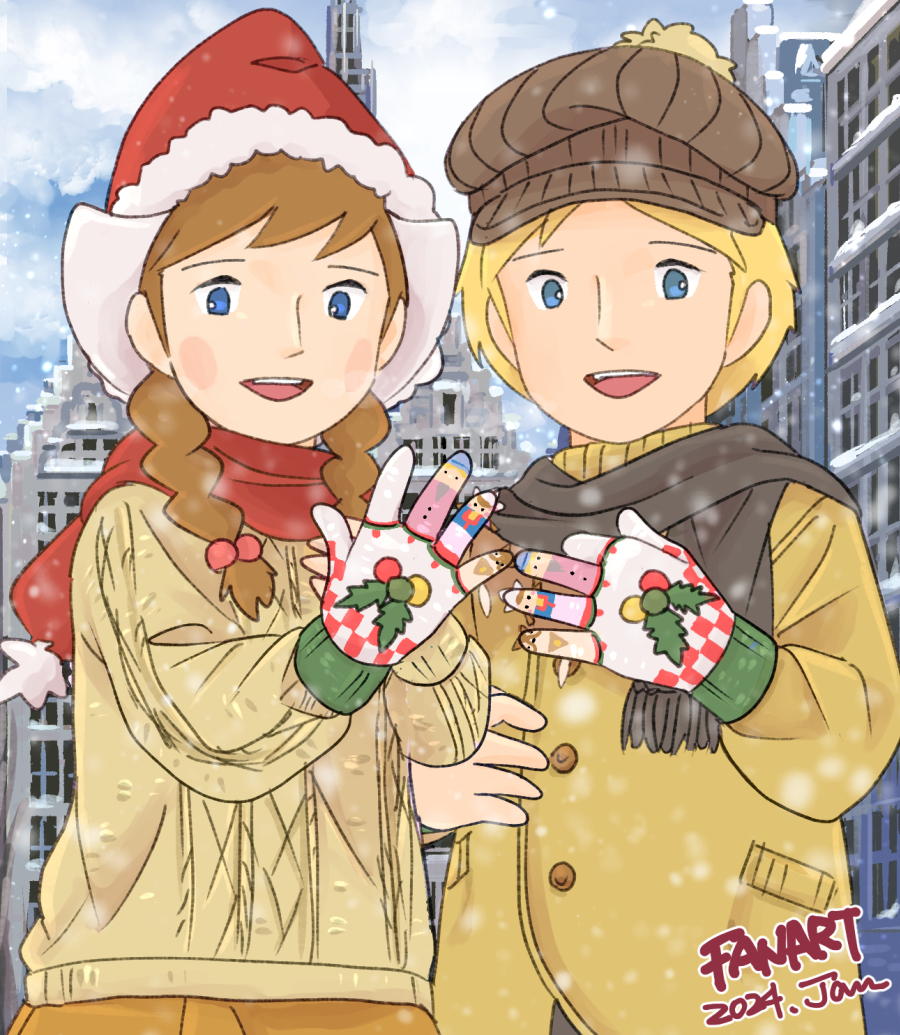 1boy, 1girl, :d, a_dog_of_flanders, aloise_cogez, blonde_hair, blue_eyes, blush