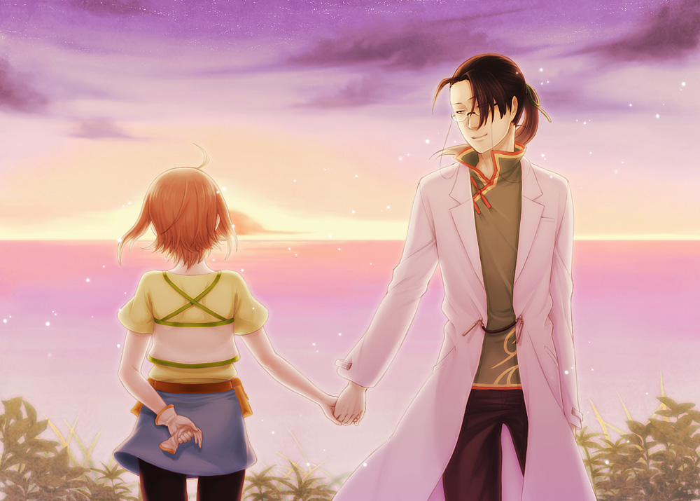 1girl, angela_(harvest_moon), chinese_clothes, couple, gloves, hal_(sakurajam), hand_holding, harvest_moon, harvest_moon_animal_parade, harvest_moon_tree_of_tranquility, holding_hands, jin_(harvest_moon), labcoat, ocean, sunset, water
