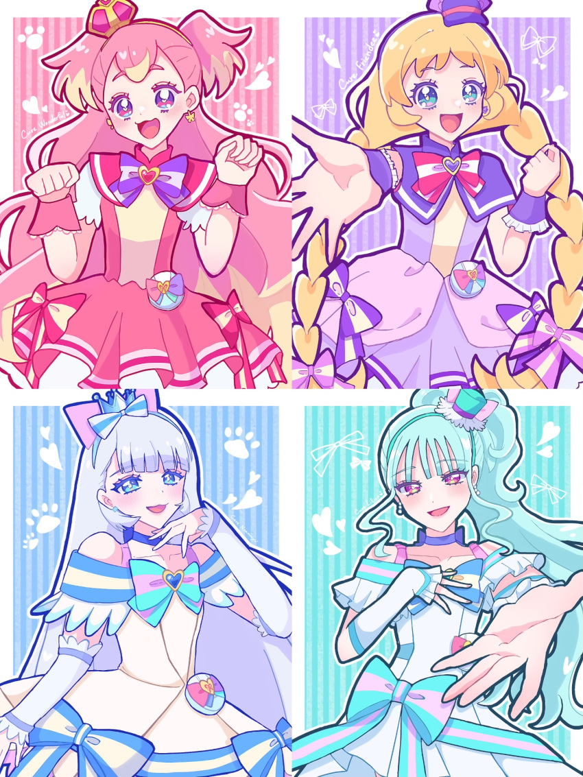 4girls, aqua_hair, arm_warmers, blonde_hair, blue_bow, blue_choker, blue_dress, blue_eyes