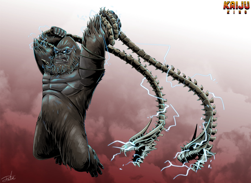 absurdres, ape, arms_up, beard, bone, bone_weapon, clenched_teeth, electricity