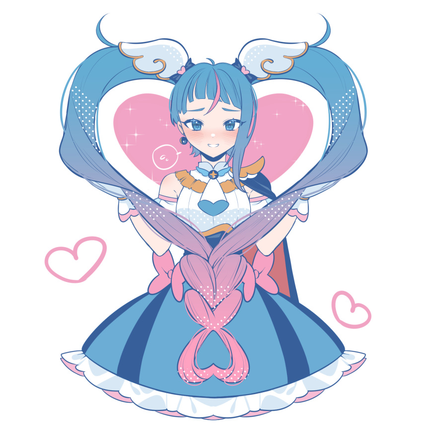 1girl, bare_shoulders, blue_bow, blue_eyes, blue_hair, bow, cure_sky, dress