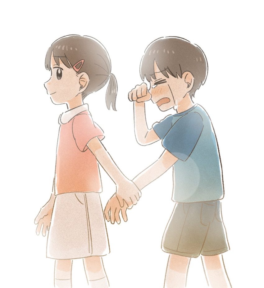 >_<, 1boy, 1girl, arm_at_side, bangs_pinned_back, black_eyes, black_shorts, blue_shirt, brown_hair, closed_mouth, collared_shirt, crying, feet_out_of_frame, from_side, hair_ornament, hairpin, half_updo, highres, holding_hands, looking_at_viewer, miniskirt, original, pink_shirt, profile, rubbing_eyes, shirt, short_hair, short_ponytail, shorts, sidelocks, sideways_glance, simple_background, skirt, smile, streaming_tears, tears, thigh-highs, wakaba_maekawa, white_background, white_skirt, white_thighhighs