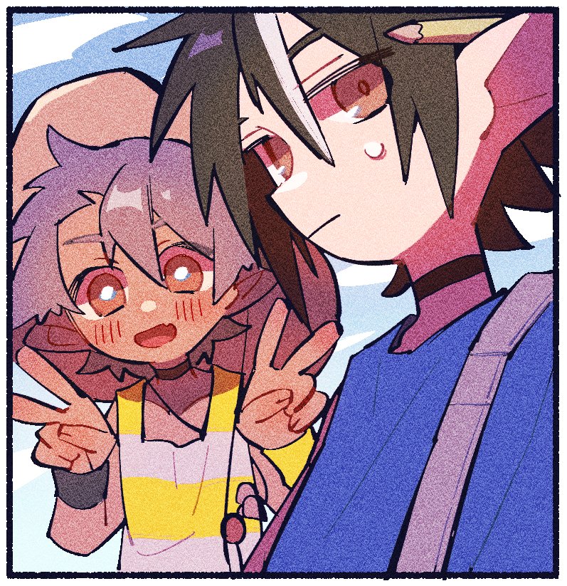 2boys, arknights, black_choker, black_hair, blue_shirt, blue_sky, border, chestnut_(arknights)