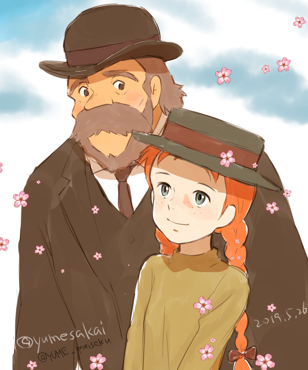 1boy, 1girl, anne_of_green_gables, beard, blush, braid, facial_hair, flower, green_eyes, hat, highres, long_hair, necktie, smile, twin_braids, twitter_username, yume_meisaku