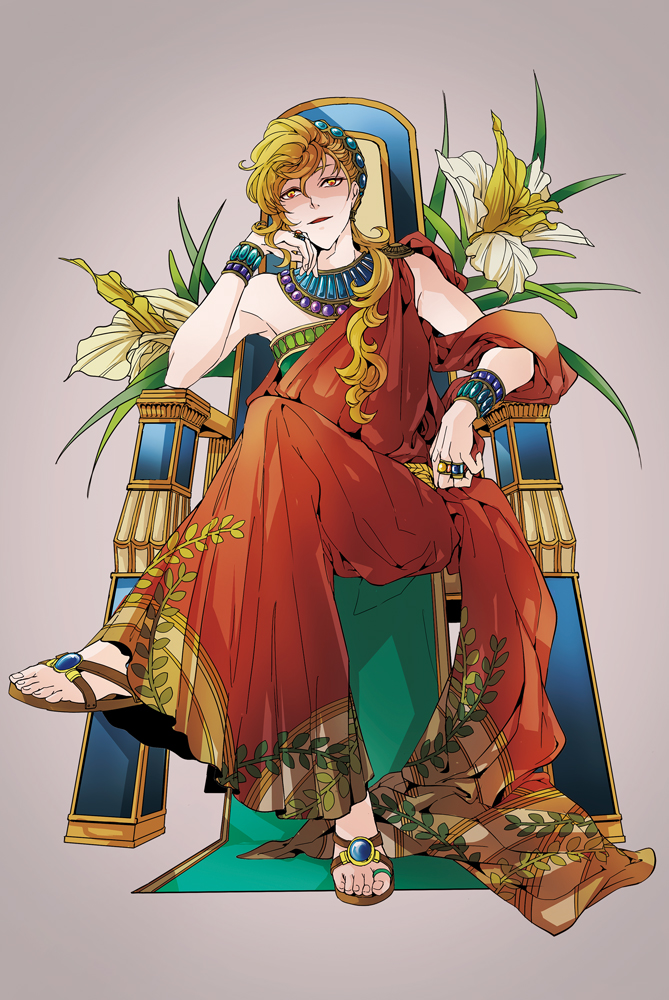 1boy, ancient_greek_clothes, bare_shoulders, blonde_hair, flower, full_body, greco-roman_clothes, grey_background