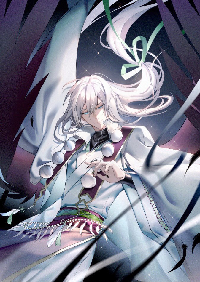 1boy, black_nails, black_shirt, black_wings, blue_eyes, cowboy_shot, feathered_wings, fingernails, floating_hair, green_ribbon, hair_between_eyes, hair_floating_upwards, hair_ribbon, idolish7, japanese_clothes, kimono, light_particles, long_hair, long_sleeves, looking_at_viewer, low-tied_long_hair, male_focus, nail_polish, pom_pom_(clothes), purple_sash, ribbon, s_(olath), sash, sharp_fingernails, shirt, smile, solo, tassel, tengu, turtleneck, white_hair, white_kimono, wide_sleeves, wings, yuki_(idolish7)
