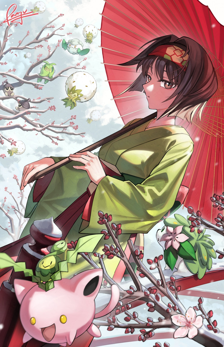 1girl, absurdres, branch, brown_eyes, brown_hair, budew, clouds, commentary_request